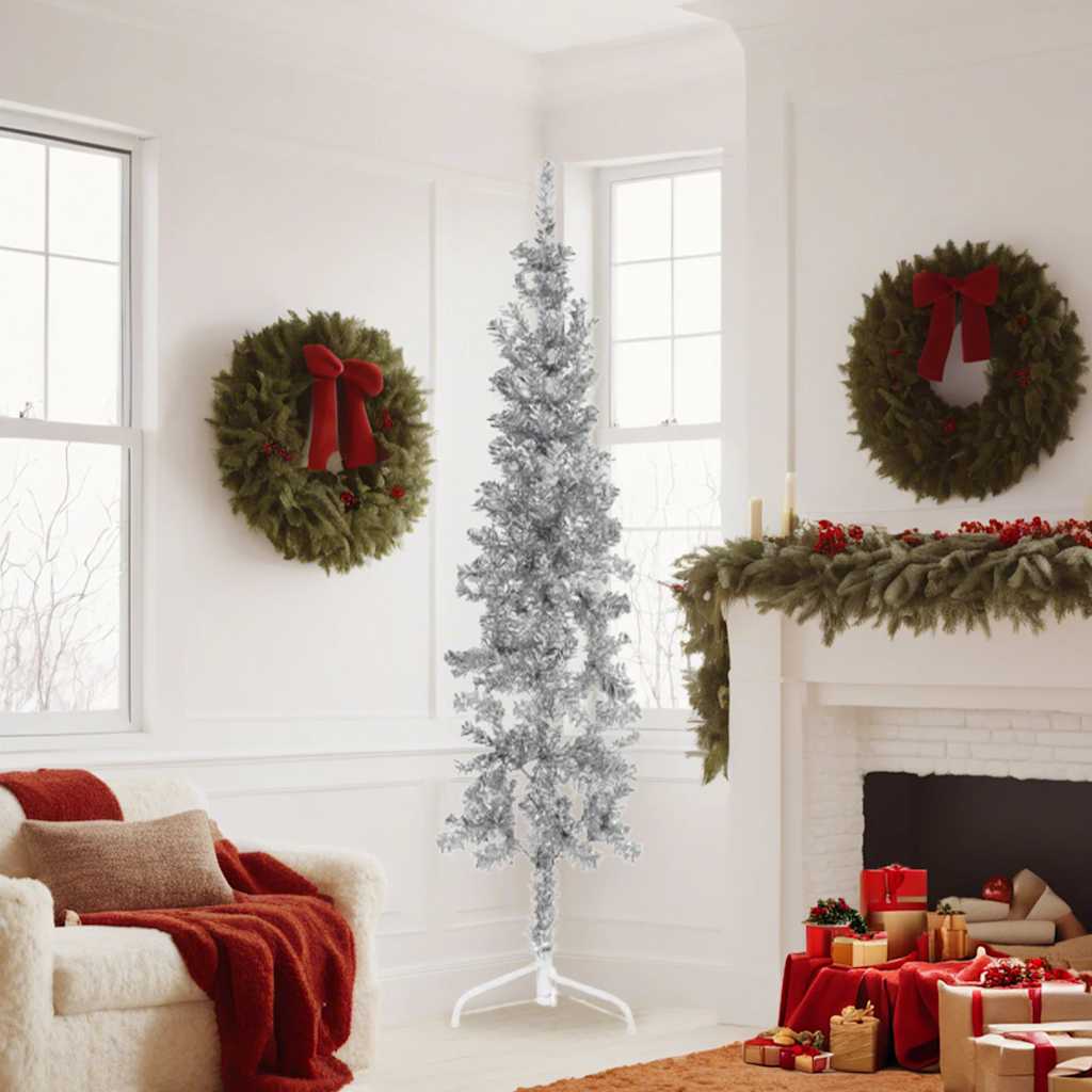 Slim Artificial Half Christmas Tree with Stand Silver 6 ft